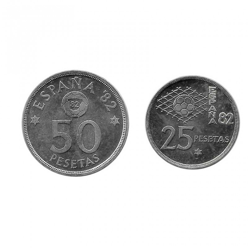 2 Münzen Spain 25 und 50 Peseten Jahr 1980 Weltmeisterschaft 1982 Stern 81 Unzirkuliert
