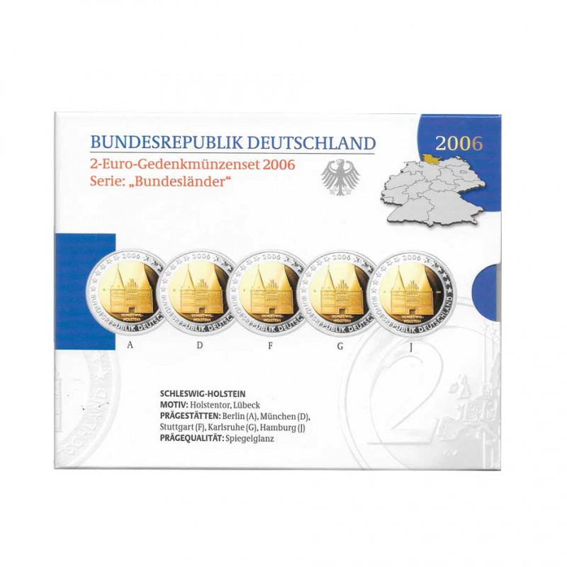 Pack 5 Monedas Conmemorativas 2 Euros Alemania A+D+F+G+J Año 2006 Schleswig-Holstein Proof