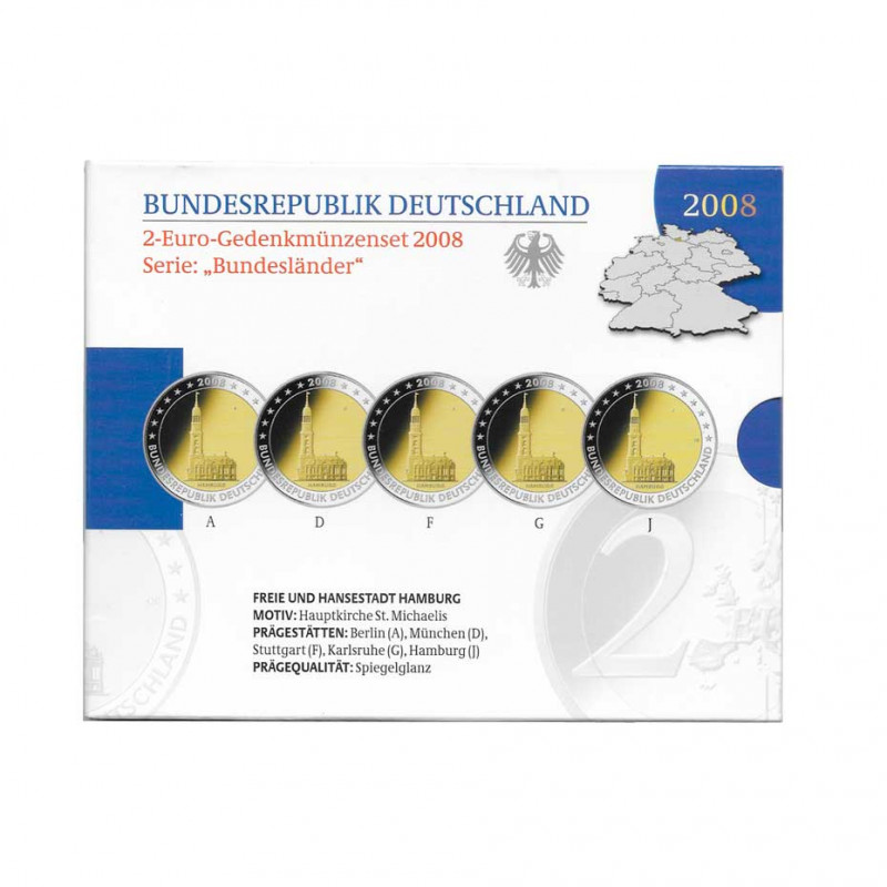 5 Commemorative Coins Set 2 Euro Germany A+D+F+G+J Year 2008 Hamburg Proof