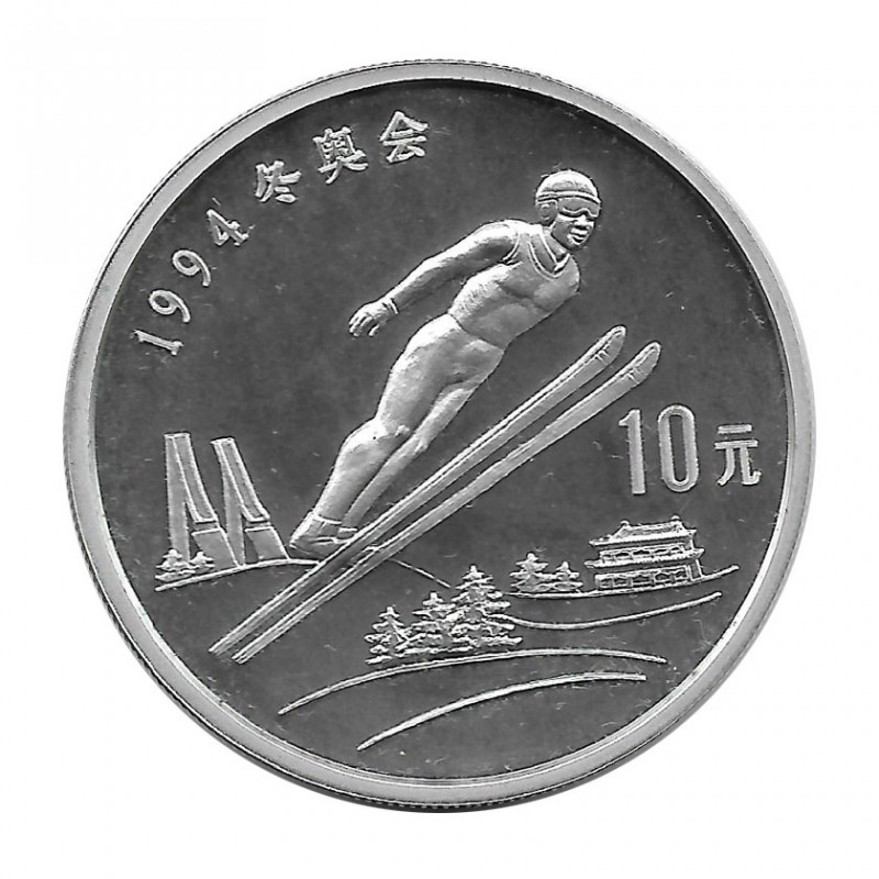 Münze China 10 Yuan Jahr 1992 Silber Proof Skispringer