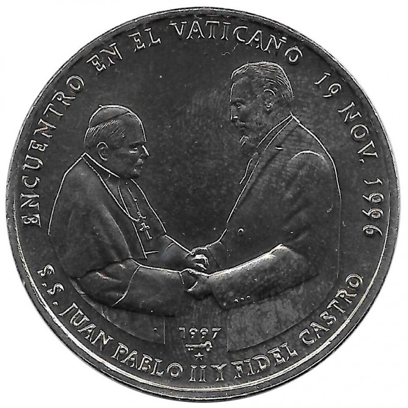 Moneda de cobre Cuba 1 Peso Papa Juan Pablo II Fidel Castro Año 1997 Sin circular SC | Monedas de colección - Alotcoins