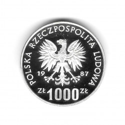 Moneda Polonia Año 1987 1.000 Zlotys Plata Carrera de Esqui Proof PP