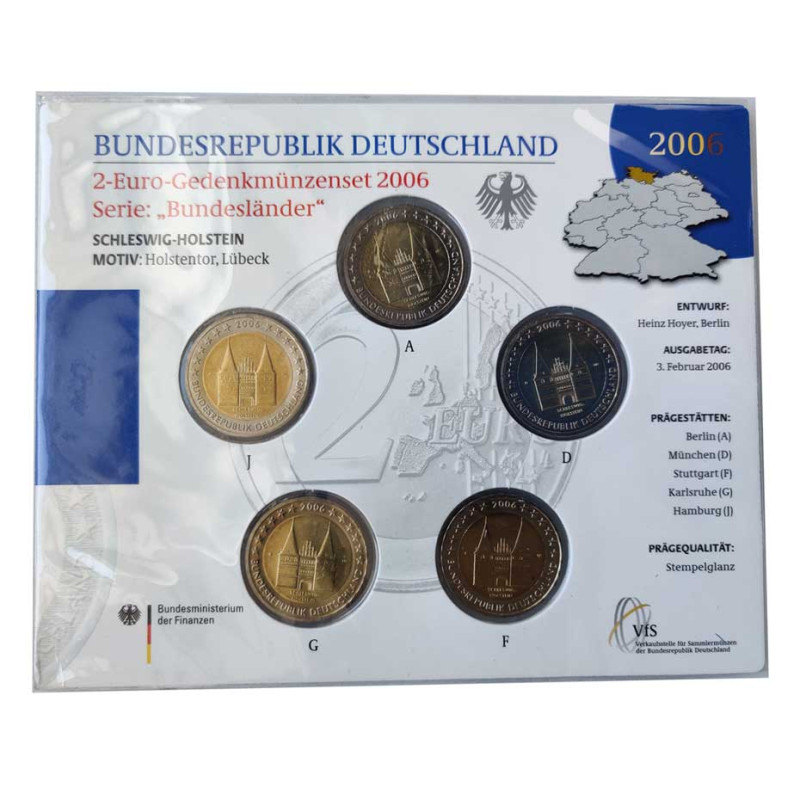 5 Commemorative Coins Set 2 Euro Germany A+D+F+G+J Year 2006 Schleswig-Holstein Uncirculated | Numismatic Shop - Alotcoins