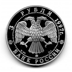 Moneda de Rusia 3 Rublos Año 1997 Fortificación del Kremlin Plata Proof PP