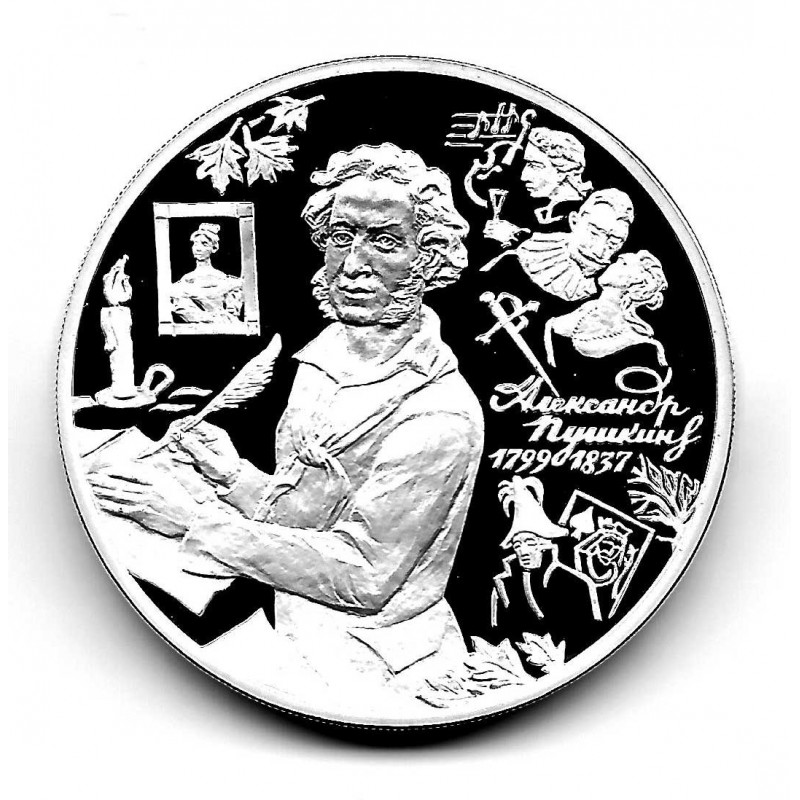 Moneda 3 Rublos Rusia Año 1999 Alexander Pushkin Plata Proof PP