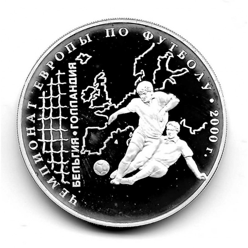 Moneda 3 Rublos Rusia Año 2000 Campeonato Europa Fútbol Plata Proof PP