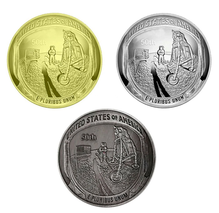 Imitación de monedas conmemorativas del 50 aniversario de la llegada del hombre a la luna.