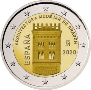 Moneda de 2 euros conmemorativa de la Torre de la iglesia del Salvador de Teruel de Mudéjar, Aragón.